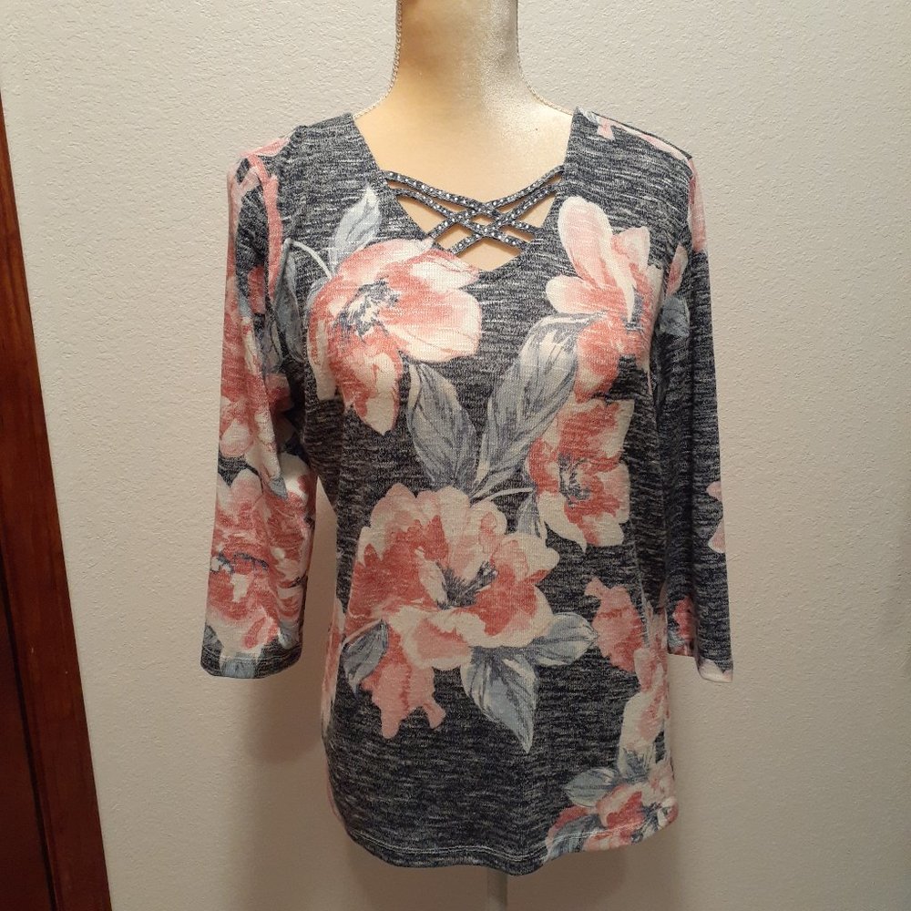 Allison Daley Floral Blue Coral Lightweight Sweater Shirt - Size Petite Medium